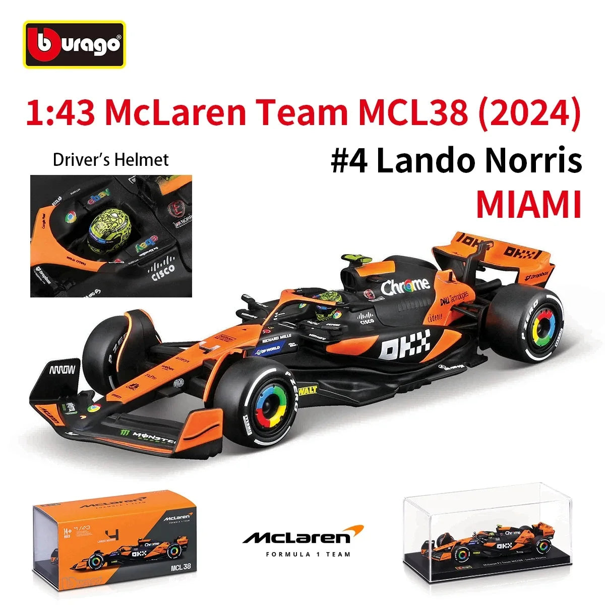 Bburago 1:43 2024 Mclaren MCL38 Miami Monaco F1 Formula Car Die Cast Vehicles Collectible Model Racing Toys