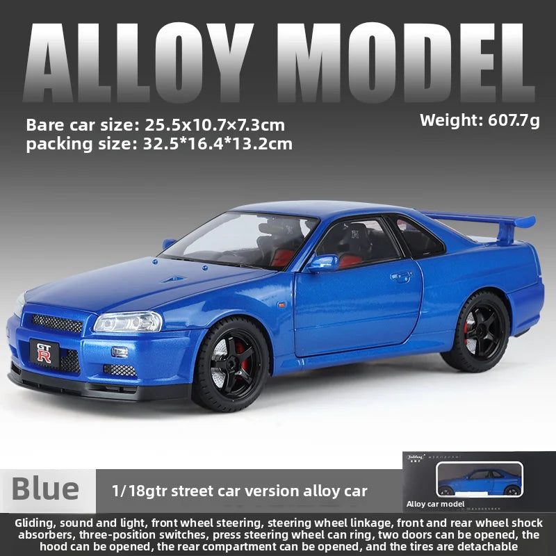 Big Size 1/18 Scale Nissan GT-R R34 Skyline Alloy Car