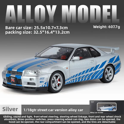 Big Size 1/18 Scale Nissan GT-R R34 Skyline Alloy Car