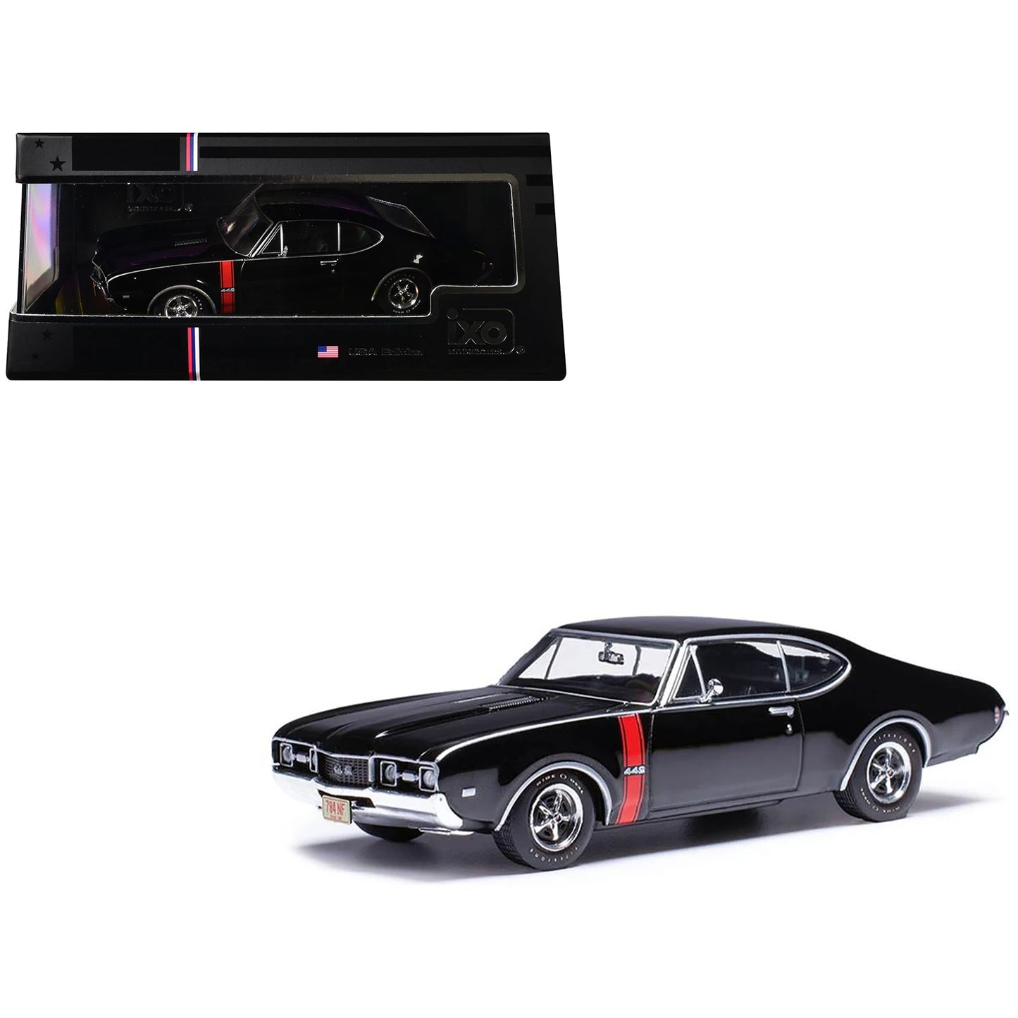 IXO Models 1/43 Diecast Oldsmobile 442 W-30 DCD 1970 Ebony Black with Red Stripes for Collectors