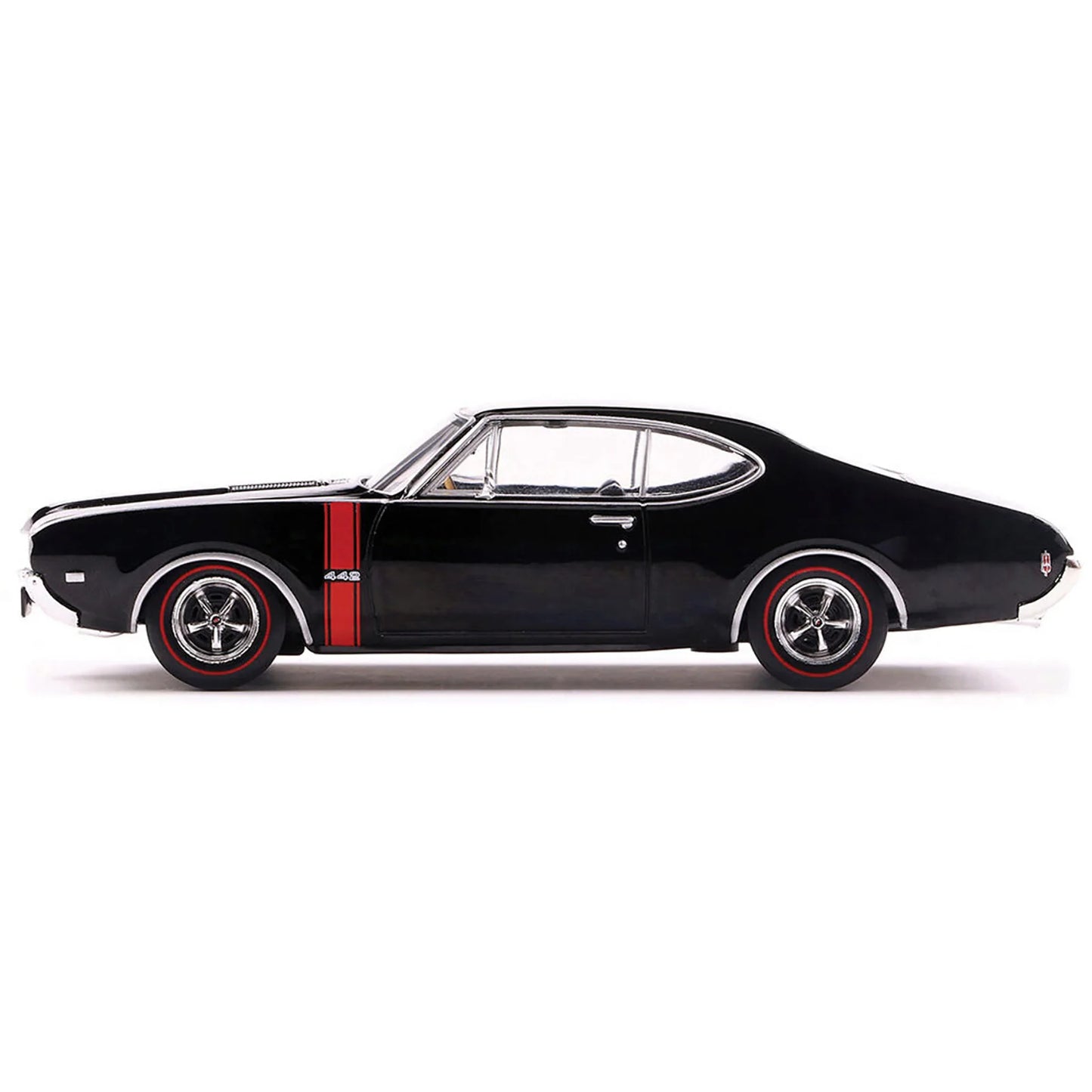 IXO Models 1/43 Diecast Oldsmobile 442 W-30 DCD 1970 Ebony Black with Red Stripes for Collectors