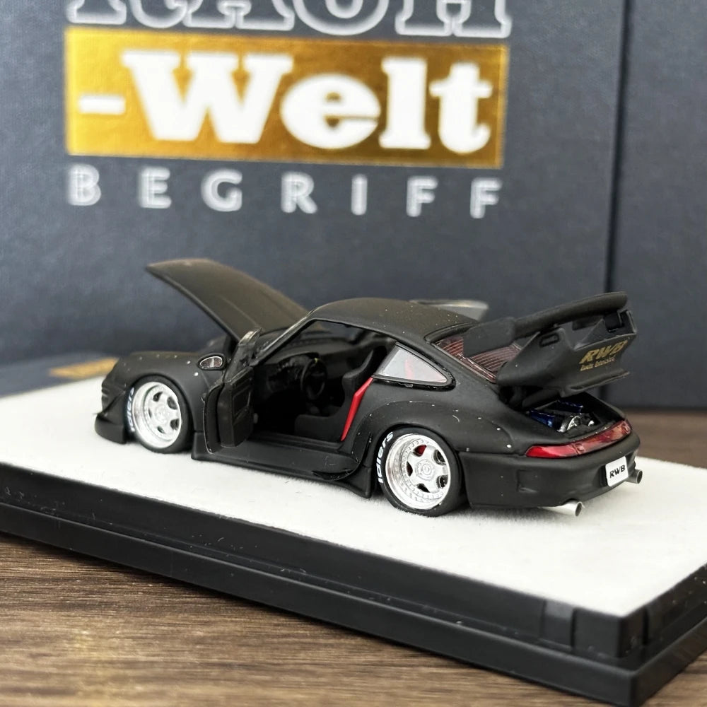 PGM 1:64 RWB993 Matte Black Color Full Open Diecast Model Car