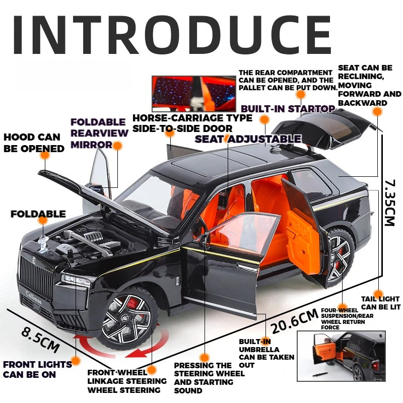 1:24 Rolls Royce Cullinan SUV Alloy Diecast Metal Model Car Pull Back Sound And Light Children's Toy Car Mini GT Miniature Gift