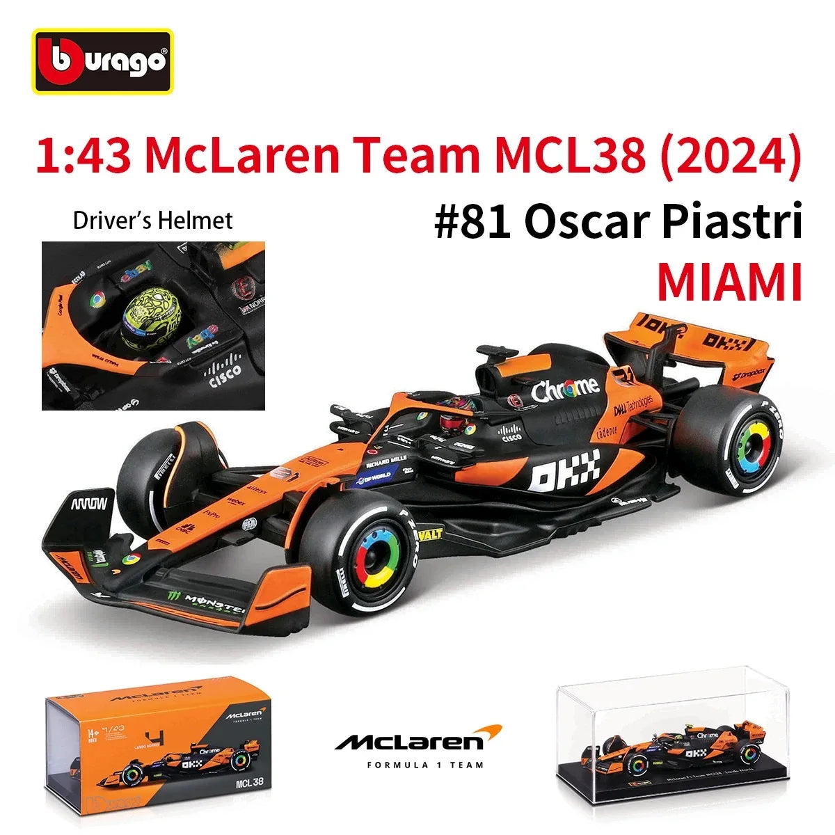 Bburago 1:43 2024 Mclaren MCL38 Miami Monaco F1 Formula Car Die Cast Vehicles Collectible Model Racing Toys
