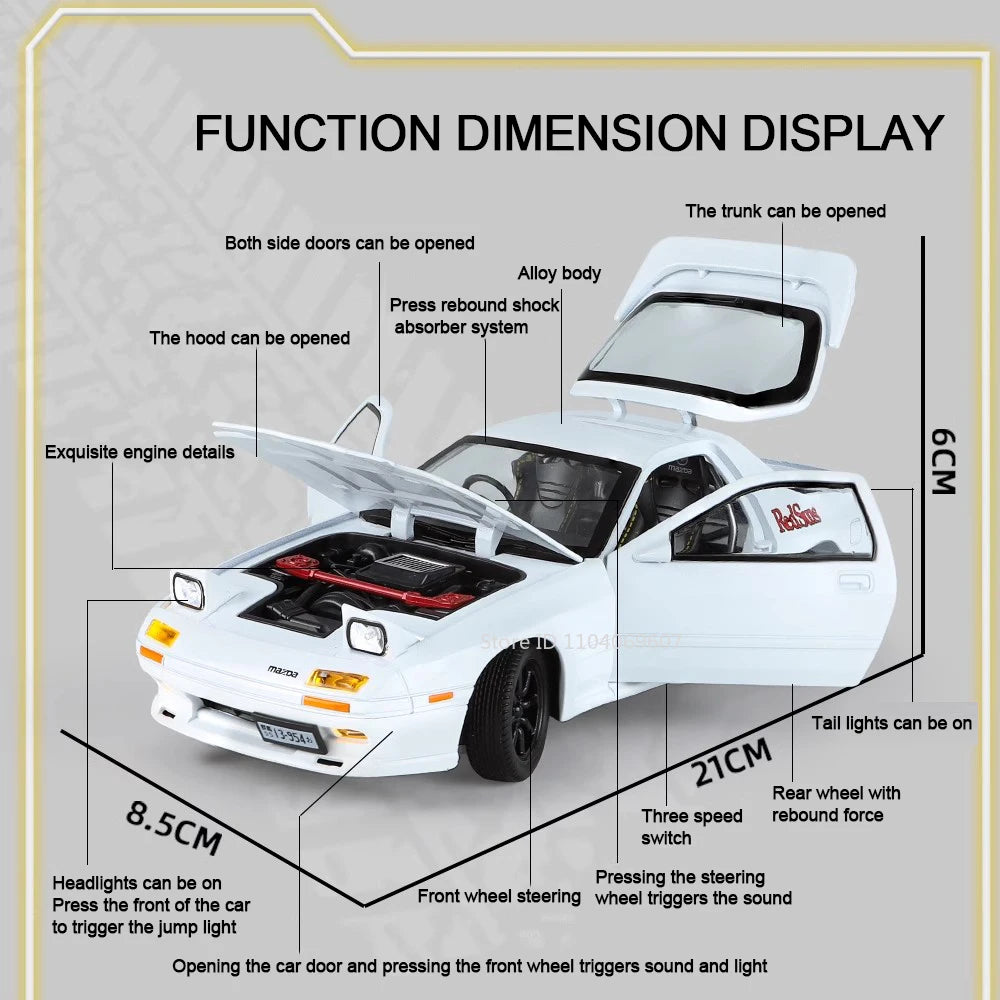 1:24 Initial D RX7-FC Street Car Model Miniature Toys Diecast Metal Shock Absorption Supercar Models Toys for Children Gifts