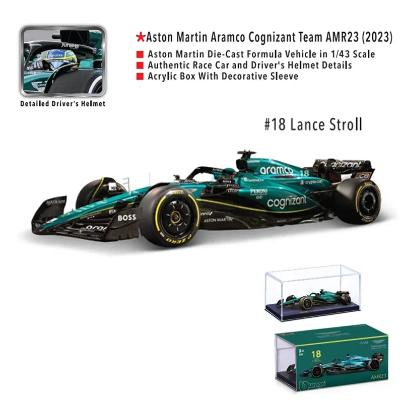 New Product Bburago 1:43  2023 Aston Martin Amr23 F1 Bburago Formula Racing Amr23 Diecast Model Alloy Luxury Vehicle Car Kid Toy