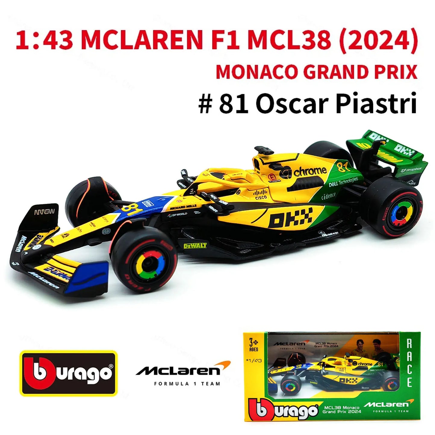 Bburago 1:43 2024 Mclaren MCL38 Miami Monaco F1 Formula Car Die Cast Vehicles Collectible Model Racing Toys