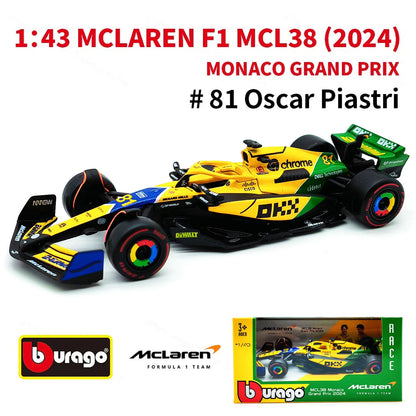 Bburago 1:43 2024 Mclaren MCL38 Miami Monaco F1 Formula Car Die Cast Vehicles Collectible Model Racing Toys