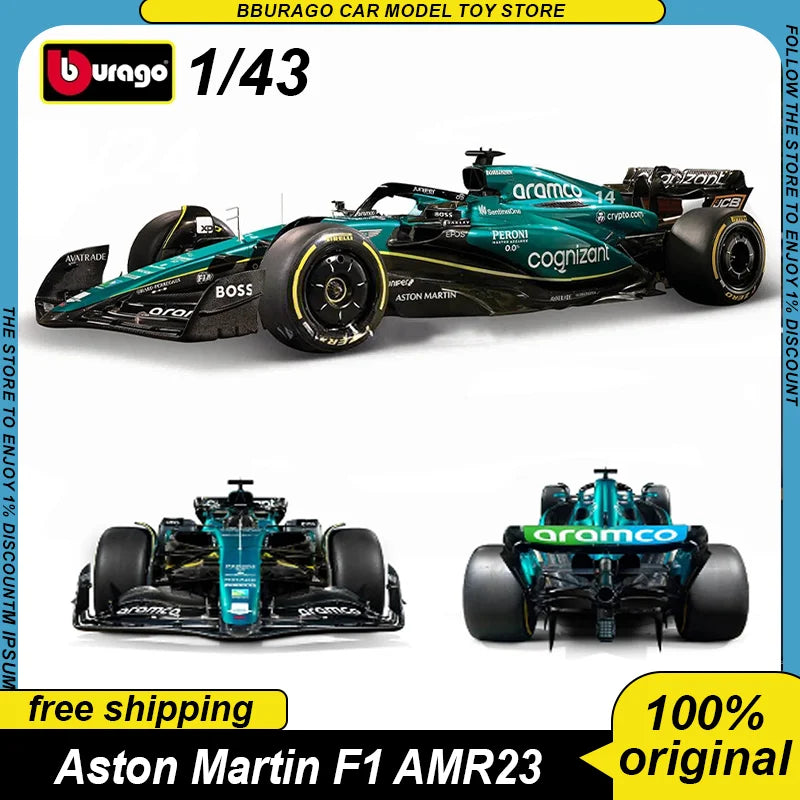 New Product Bburago 1:43  2023 Aston Martin Amr23 F1 Bburago Formula Racing Amr23 Diecast Model Alloy Luxury Vehicle Car Kid Toy