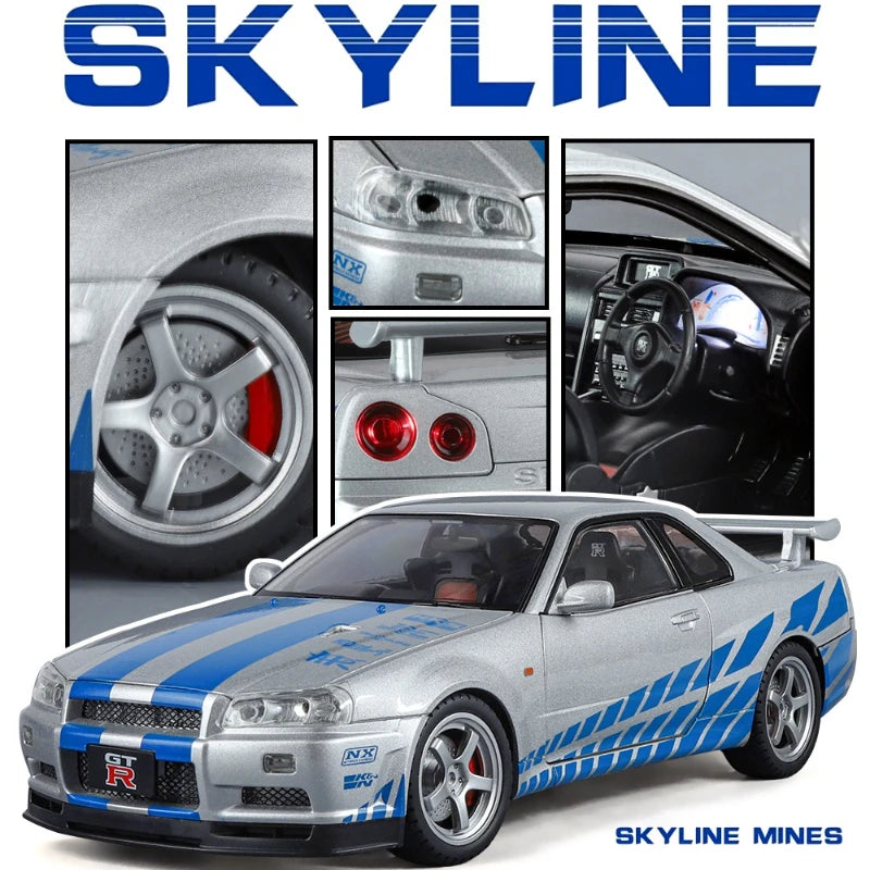 Big Size 1/18 Scale Nissan GT-R R34 Skyline Alloy Car