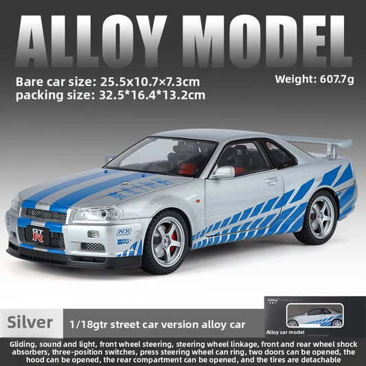 Big Size 1/18 Scale Nissan GT-R R34 Skyline Alloy Car